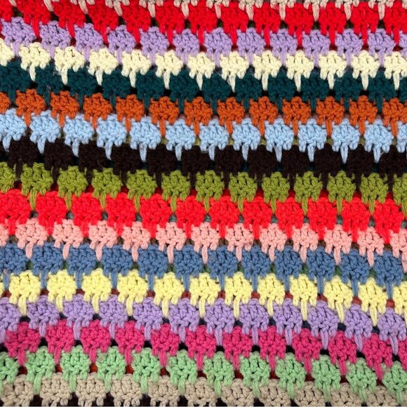 Vintage Afghan Throw Blanket Rainbow Stripes Fringe Handmade Warm Snuggly - Picture 3 of 7